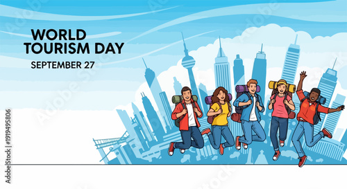 Dynamic group celebrating World Tourism Day, jumping with backpacks against modern cityscape. Vibrant World Tourism Day illustration captures joy of exploration,
