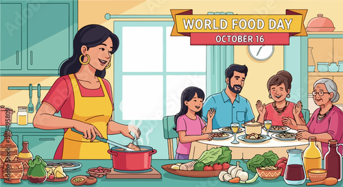 World Food Day family celebration with home cooked meal in kitchen. Woman prepares food, family gathers around dining table for World Food Day. Concept World Food Day for global awareness,