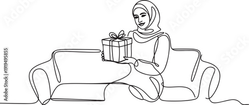 Single one line drawing an arab woman sitting on a sofa holding a gift box. A simple surprise full of meaning from the beloved husband. Gift. Surprise. one line Icon drawing