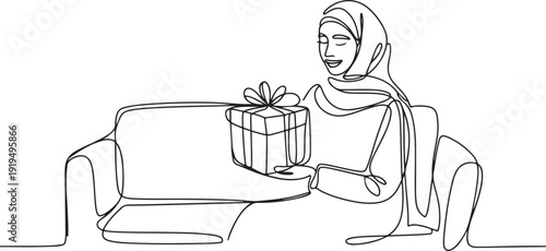 Single one line drawing an arab woman sitting on a sofa holding a gift box. A simple surprise full of meaning from the beloved husband. Gift. Surprise. one line Icon drawing