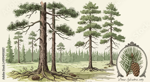 Illustration of tall pine trees with exposed roots and a close-up of pine needles and cone.
