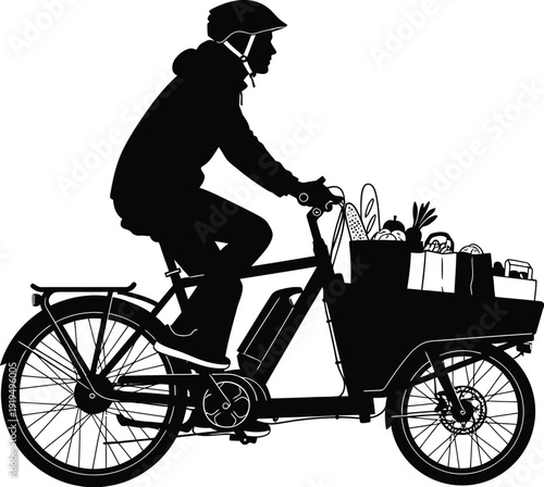 Silhouette of an electric cargo bike rider wearing a helmet delivering groceries and market goods across the city