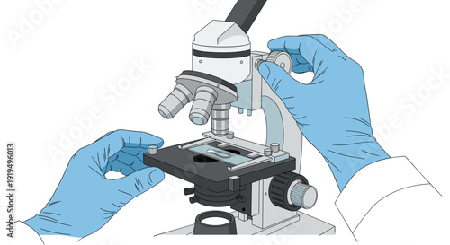Gloved hands adjust the focus knobs and stage of an optical microscope with a slide placed for observation.