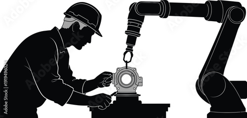 Factory worker in silhouette wearing a hard hat collaborates closely with an industrial robotic arm assembling a complex mechanical part.
