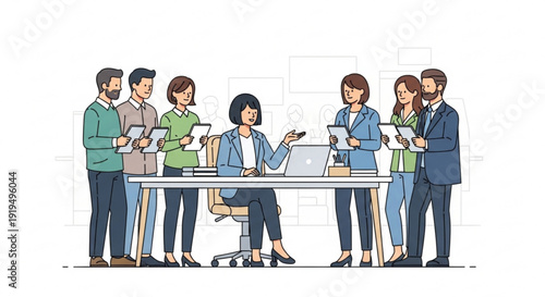 Businesswoman presenting to colleagues around a conference table in a modern office setting with laptops and papers