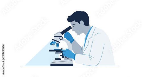 A male scientist wearing a lab coat and gloves looks intently through an optical microscope in a laboratory setting.