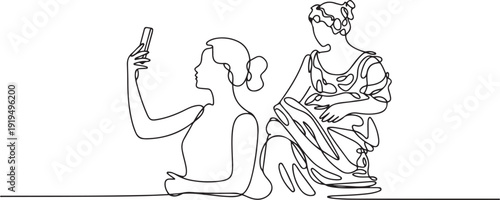 Single continuous line drawing of young beautiful woman museum visitor taking selfie with unique form, antique and historical sculpture. one line Icon drawing