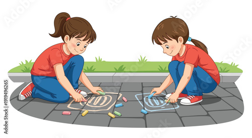 Two happy children drawing colorful hopscotch games on the sidewalk pavement using chalk.