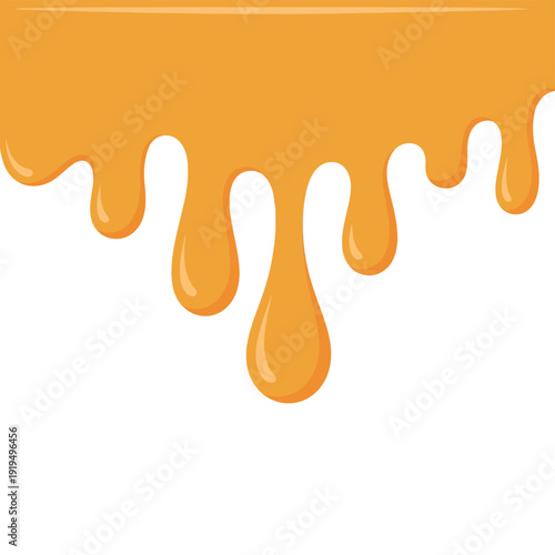 Sweet golden syrup drips from the top of a white background.