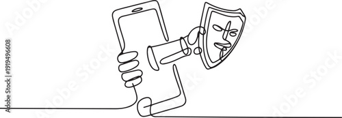 Single continuous line drawing warrior hand holding shield through mobile phone. Concept of mobile games. one line Icon drawing