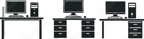 Three office desk setups with desktop computers and drawers for organization, illustrating a professional workspace and technology
