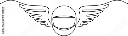 Single continuous line drawing winged racer helmet. Custom motorcycles. Emblem template with winged racer helmet. Design element for logo. one line Icon drawing