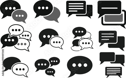 Collection of speech bubble icons representing communication, conversation, and messages, with various styles and arrangements for digital use