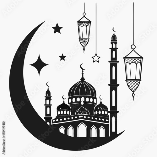 A mosque is depicted under a crescent moon Vector