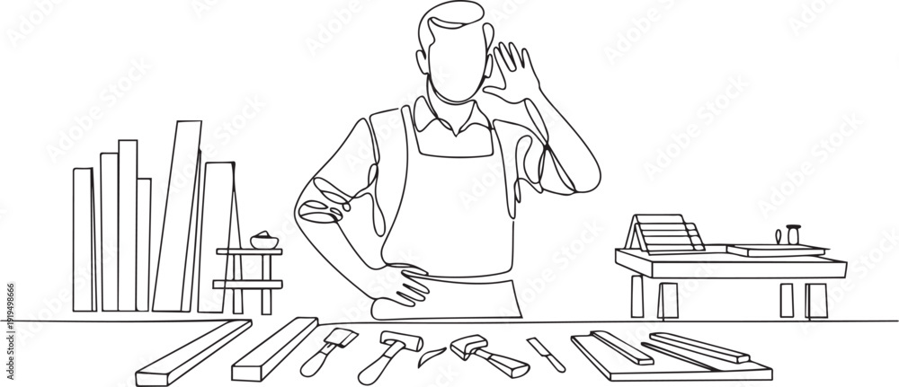 Εκτύπωση καμβά Continuous one line drawing carpenter with call me gesture works in workshop making wooden products