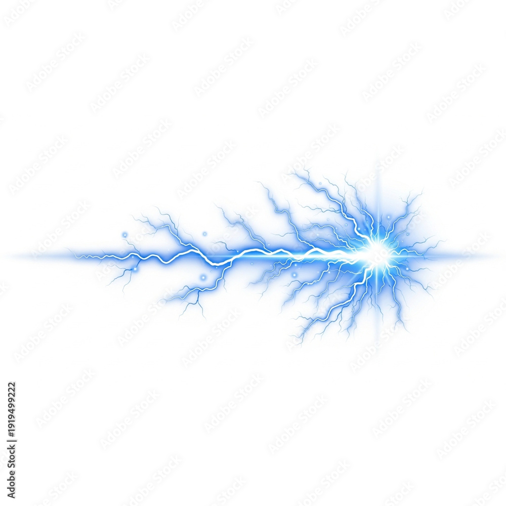 Fototapeta premium Intense Blue Lightning Bolt with Bright Core and Radiating Electric Discharge Effect - Horizontal Power Beam