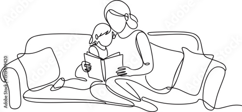 Single continuous line drawing young mother siting on sofa hugging her daughter and reading a storybook at home. Happy family parenting concept. one line Icon drawing