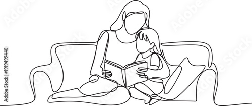 Single continuous line drawing young mother siting on sofa hugging her daughter and reading a storybook at home. Happy family parenting concept. one line Icon drawing