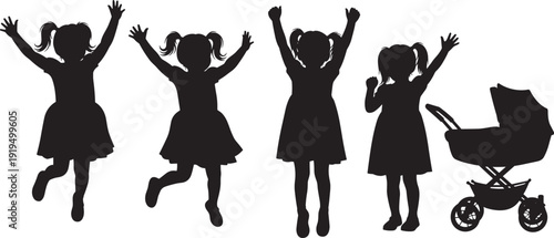 Happy Little Girl Silhouette Collection, Jumping Girls with Ponytails Raising Arms, Joyful Children Playing, Excited Kids Pose and Baby Stroller Black Set