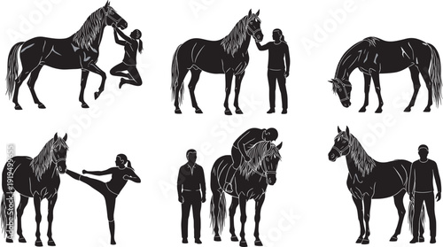 Horse and Human Silhouette Collection, Woman Girl Bonding with Stallion, Petting, Hugging, Kicking Pose, Riding, Standing Together Black Silhouette Set