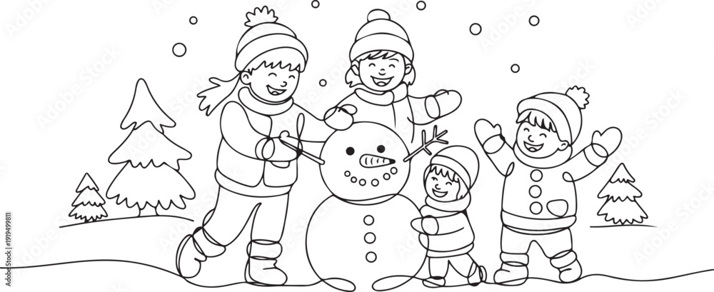 Fototapeta premium Single one line drawing happy children make snowman together. Snowy forest, little boys and girls in warm clothes, New Year's snowman. one line Icon drawing