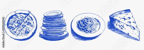 Pizza and pasta hand drawn ink line sketch. Mediterranean food set with gourmet cheese and stacked plates. vintage crayon elements for rustic italian kitchen and restaurant decor.