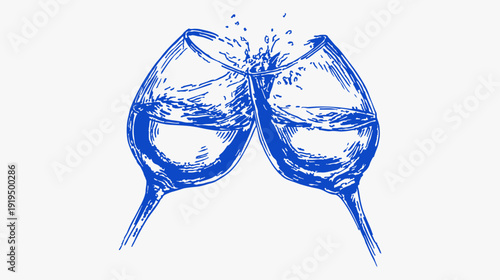 Wine glasses toast celebration crayon vintage sketch drawing. Blue line illustration of clinking champagne with splash, retro party mood. Hand drawn festive for holiday cards or menu.