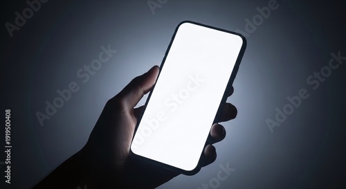 Hand holding bright white smartphone screen in dark room with dramatic lighting for mockup display.