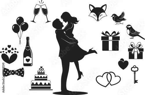 Romantic Couple Silhouette with Wedding Celebration Icons, Man Lifting Woman Kiss, Hearts Balloons Cake Gift Champagne Fox Birds Black Vector Set