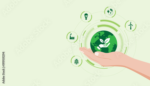 Sustainable development concept with renewable energy icons, green business strategy and environmental responsibility framework.