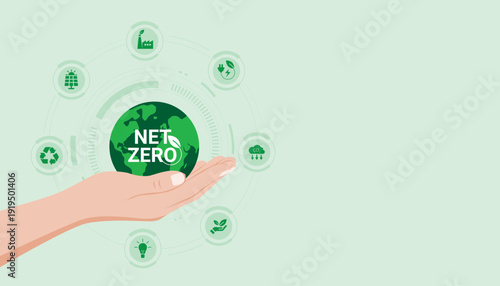 Net zero emission concept with earth in hand and sustainability icons, climate strategy and carbon neutral business transformation.