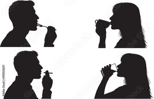 Silhouette profiles of man and woman eating with fork, drinking coffee cup, smoking cigarette, sipping glass drink, black isolated icons