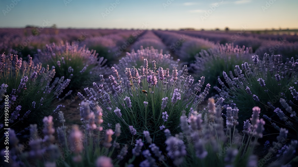 Obraz premium Serene Lavender Field at Sunset with Vibrant Purple Blooms