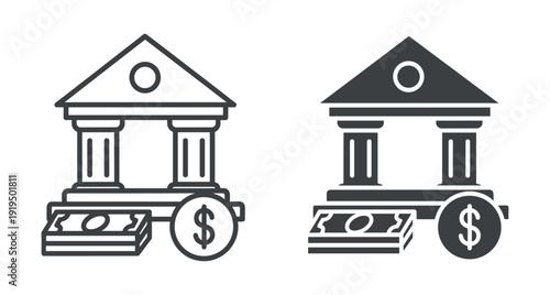 Financial institution building symbol featuring paper money and currency coin for banking transactions