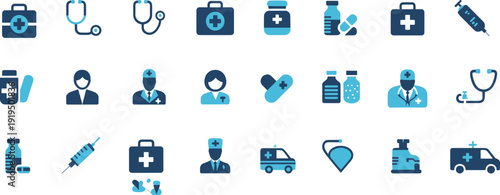 Medical icons set, healthcare symbols, doctor nurse illustrations, hospital building, ambulance, stethoscope, syringe, pill bottle, medicine container, pharmacy