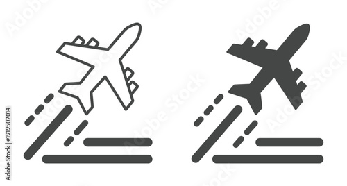 Minimalist airplane takeoff icons showing flight departure from a runway for travel design