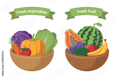 Fresh vegetables and fruit in wooden bowls on white background