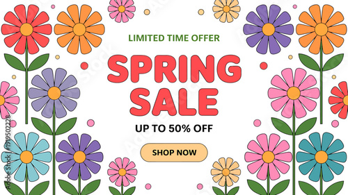 Colorful spring sale advertisement with flowers and limited time offer text