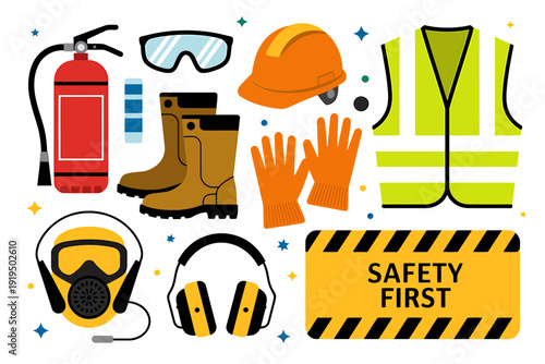 Safety first equipment for workers and construction sites with protective gear accessories