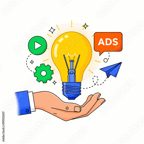 Hand holding light bulb with advertising and media icons around it
