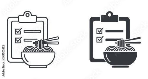 Minimalist icon set showing a clipboard with checkmarks next to a noodle bowl
