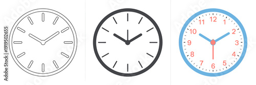 Three different styles of analog wall clocks with hour and minute hands