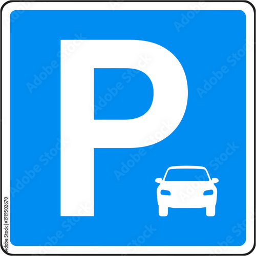 Blue parking sign with white P and car symbol for parking lot indication