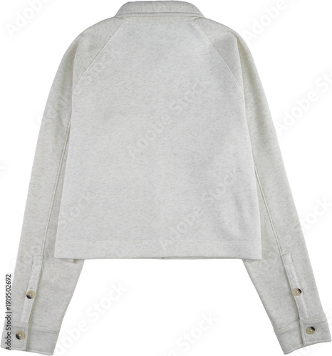 A detailed look at a light gray oversized sweater with long sleeves and front pockets isolated on transparent background