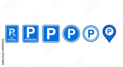 Blue parking signs and symbols for traffic and transportation guidance