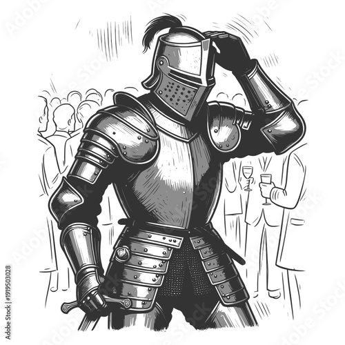 man wearing medieval armor at an elegant party, symbolizing social anxiety and emotional self protection sketch engraving generative ai vector illustration. Scratch board imitation. Black and white.