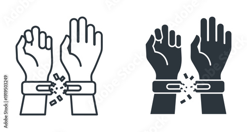 Minimalist icon set of hands with broken shackles symbolizing liberty release and rights