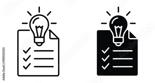 Set of outline and solid icons showing a lightbulb over a checklist document