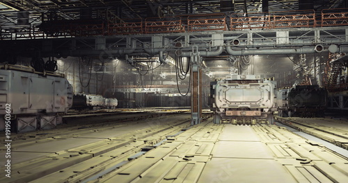 Fotografie lit industrial hangar interior under inspection with overhead cranes, service tr