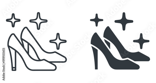 Vector illustration of female stiletto footwear icons featuring shining stars in two different styles